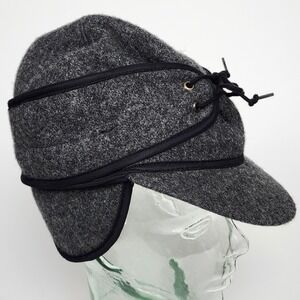 Vintage Crown Cap Railroad Front Lace Hat 7 1/8 Charcoal Canada Earflap Quilted
